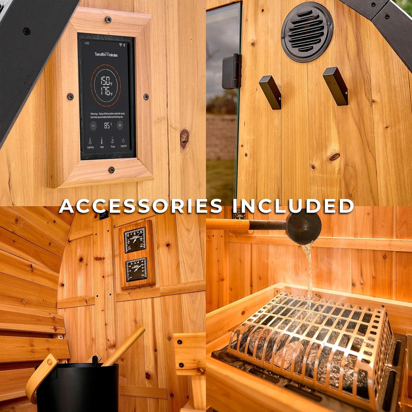 Lennon 2-4 Person Traditional Cedar Outdoor Cube Sauna with Porch, Electric Sauna Heater, Sauna Rocks, Dry Heat, Steam Sauna, LED Lights, Wi-Fi Control, Sauna Accessories — product view 8