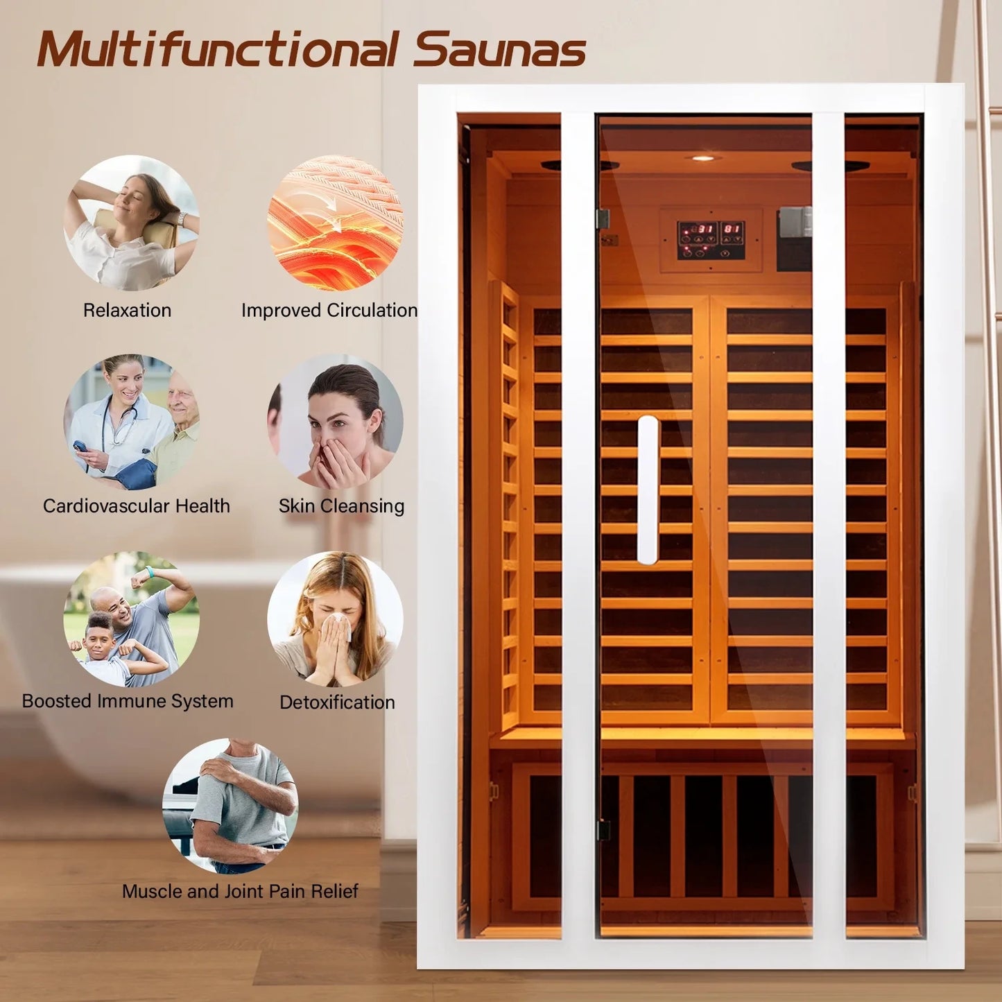 2 Person Extendable FAR Infrared Sauna for Home, Hemlock Wood Low EMF 6 Carbon Heaters Indoor Saunas with LED Lights, Bluetooth Speaker, Digital Control Panel, and Seating Bench — product view 2