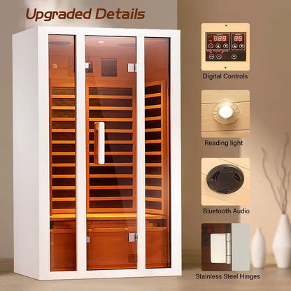 2 Person Extendable FAR Infrared Sauna for Home, Hemlock Wood Low EMF 6 Carbon Heaters Indoor Saunas with LED Lights, Bluetooth Speaker, Digital Control Panel, and Seating Bench — product view 3