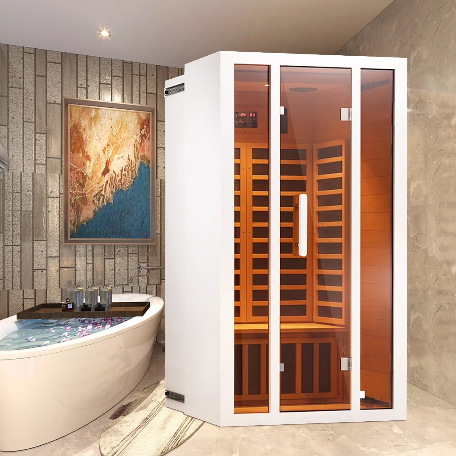 2 Person Extendable FAR Infrared Sauna for Home, Hemlock Wood Low EMF 6 Carbon Heaters Indoor Saunas with LED Lights, Bluetooth Speaker, Digital Control Panel, and Seating Bench — product view 8