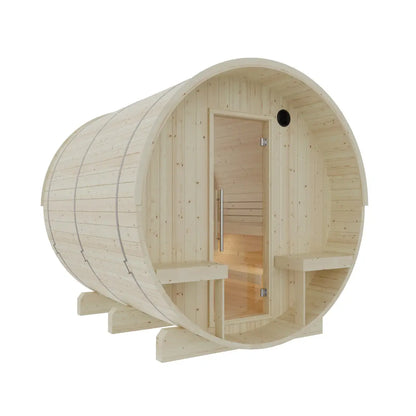 Finnish Sauna Builders Turku 6-Person Barrel Sauna with Terrace and WiFi Heater