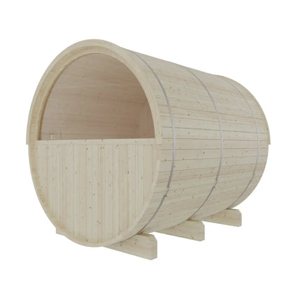 Finnish Sauna Builders Turku 6-Person Barrel Sauna with Terrace and WiFi Heater