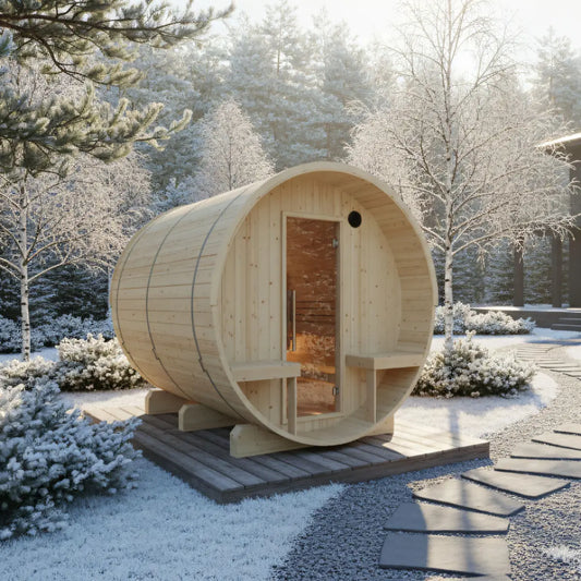 Finnish Sauna Builders Turku 6-Person Barrel Sauna with Terrace and WiFi Heater