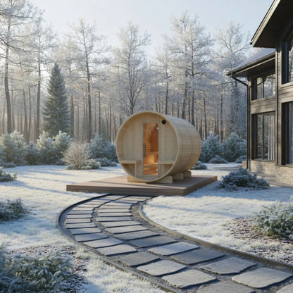 Finnish Sauna Builders Turku 6-Person Barrel Sauna with Terrace and WiFi Heater
