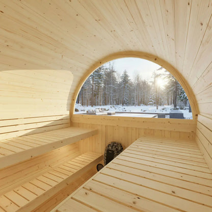 Finnish Sauna Builders Turku 6-Person Barrel Sauna with Terrace and WiFi Heater