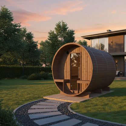 Finnish Sauna Builders Turku 6-Person Barrel Sauna with Terrace and WiFi Heater