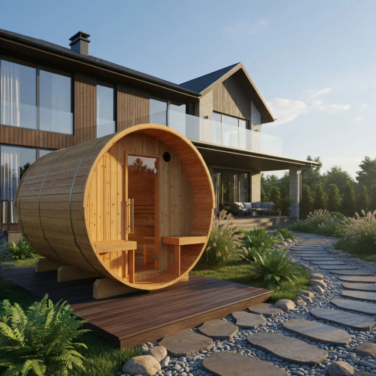 Finnish Sauna Builders Turku 6-Person Barrel Sauna with Terrace and WiFi Heater