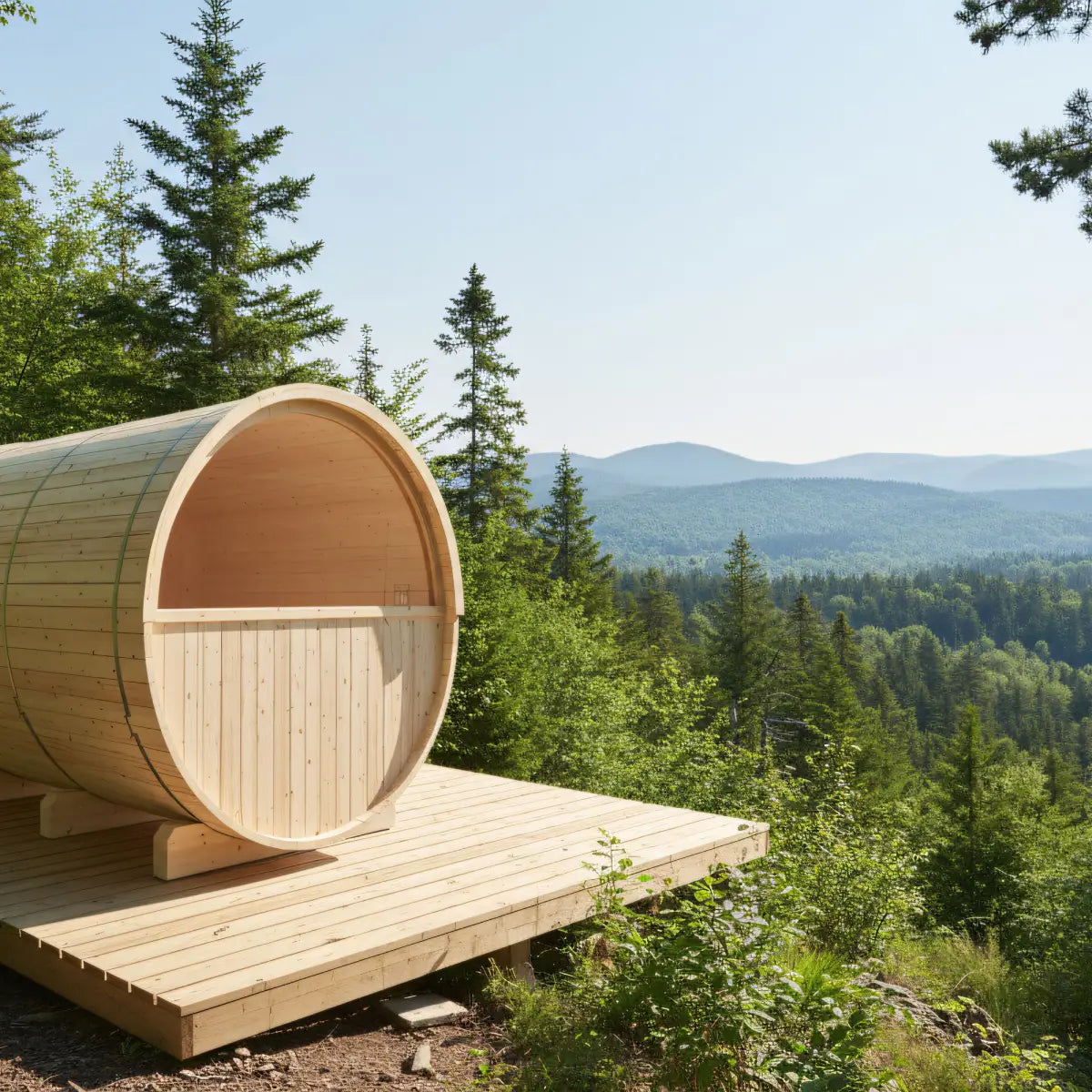 Finnish Sauna Builders Turku 6-Person Barrel Sauna with Terrace and WiFi Heater