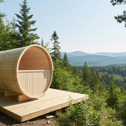Finnish Sauna Builders Turku 6-Person Barrel Sauna with Terrace and WiFi Heater