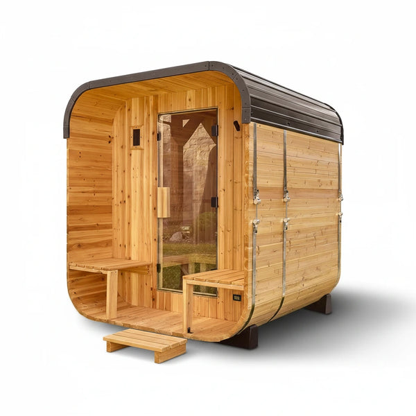 Lennon 2-4 Person Traditional Cedar Outdoor Cube Sauna with Porch, Electric Sauna Heater, Sauna Rocks, Dry Heat, Steam Sauna, LED Lights, Wi-Fi Control, Sauna Accessories