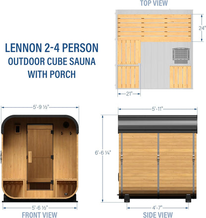 Lennon 2-4 Person Traditional Cedar Outdoor Cube Sauna with Porch, Electric Sauna Heater, Sauna Rocks, Dry Heat, Steam Sauna, LED Lights, Wi-Fi Control, Sauna Accessories — product view 2