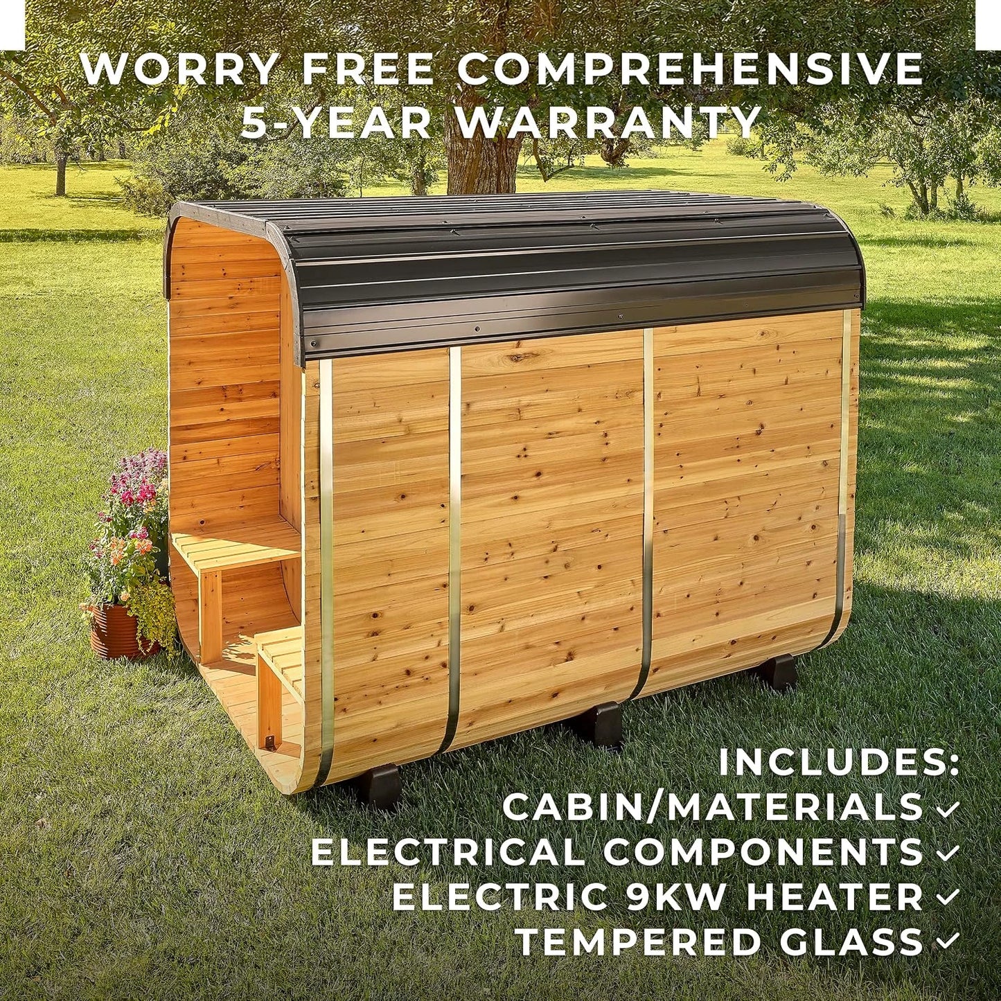 Lennon 4-6 Person Traditional Cedar Outdoor Cube Sauna with Porch, Electric Sauna Heater, Sauna Rocks, Dry Heat, Steam Sauna, LED Lights, Wi-Fi Control, Sauna Accessories — product view 3