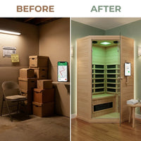 2 Person Far Infrared Sauna with Smart APP Control, 2000W Low EMF Wooden Infrared Sauna Room for Home, 8 Carbon Mica Heating Panels Wellness Sauna, Canadian Hemlock Indoor Spa for Home Relaxation — Before & After