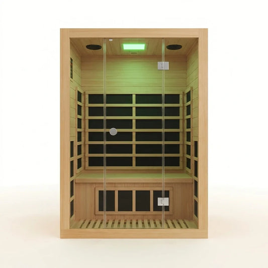 2 Person Far Infrared Sauna with Smart APP Control, 2000W Low EMF Wooden Infrared Sauna Room for Home, 8 Carbon Mica Heating Panels Wellness Sauna, Canadian Hemlock Indoor Spa for Home Relaxation — Studio Shot