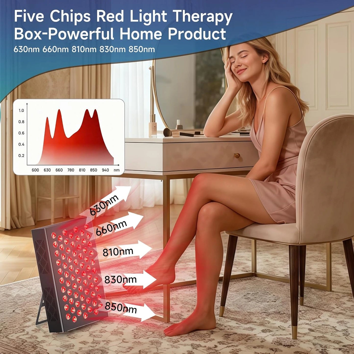 Red Light Therapy Box, 5In1 LED with 630-660-810-830-850, Metal Case, 3 Modes Red Light Panel with Soft Belt, 6 Timing Set - 9 Pulse Modes - 4-Level - Red Light Therapy Panel for Body — product view 5